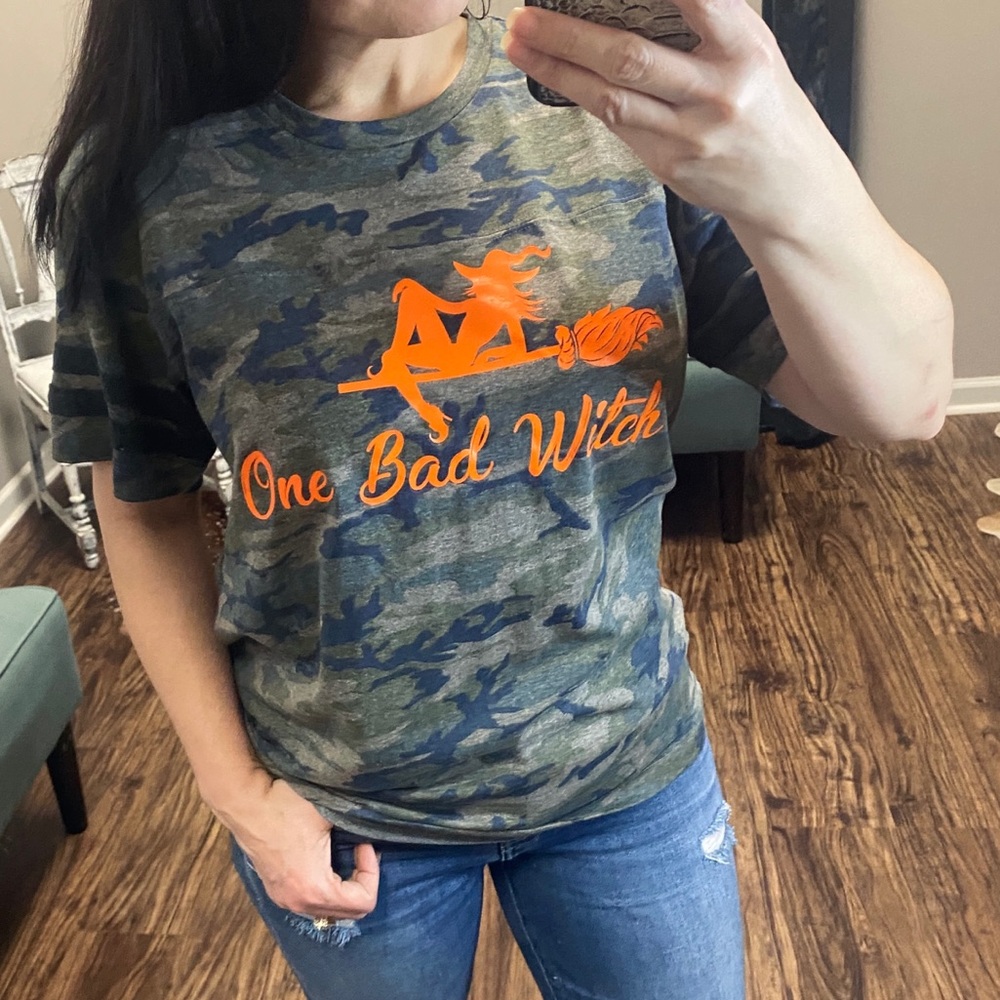Medium Camo One Bad Witch Halloween Tee